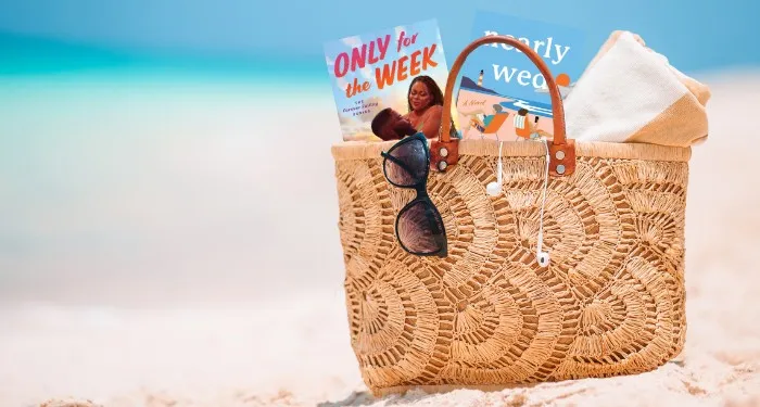 a beach bag with two books sticking out